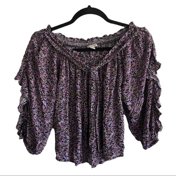 AEO Boho Floral Print Blouse Ruffle Black Purple S - Picture 1 of 4